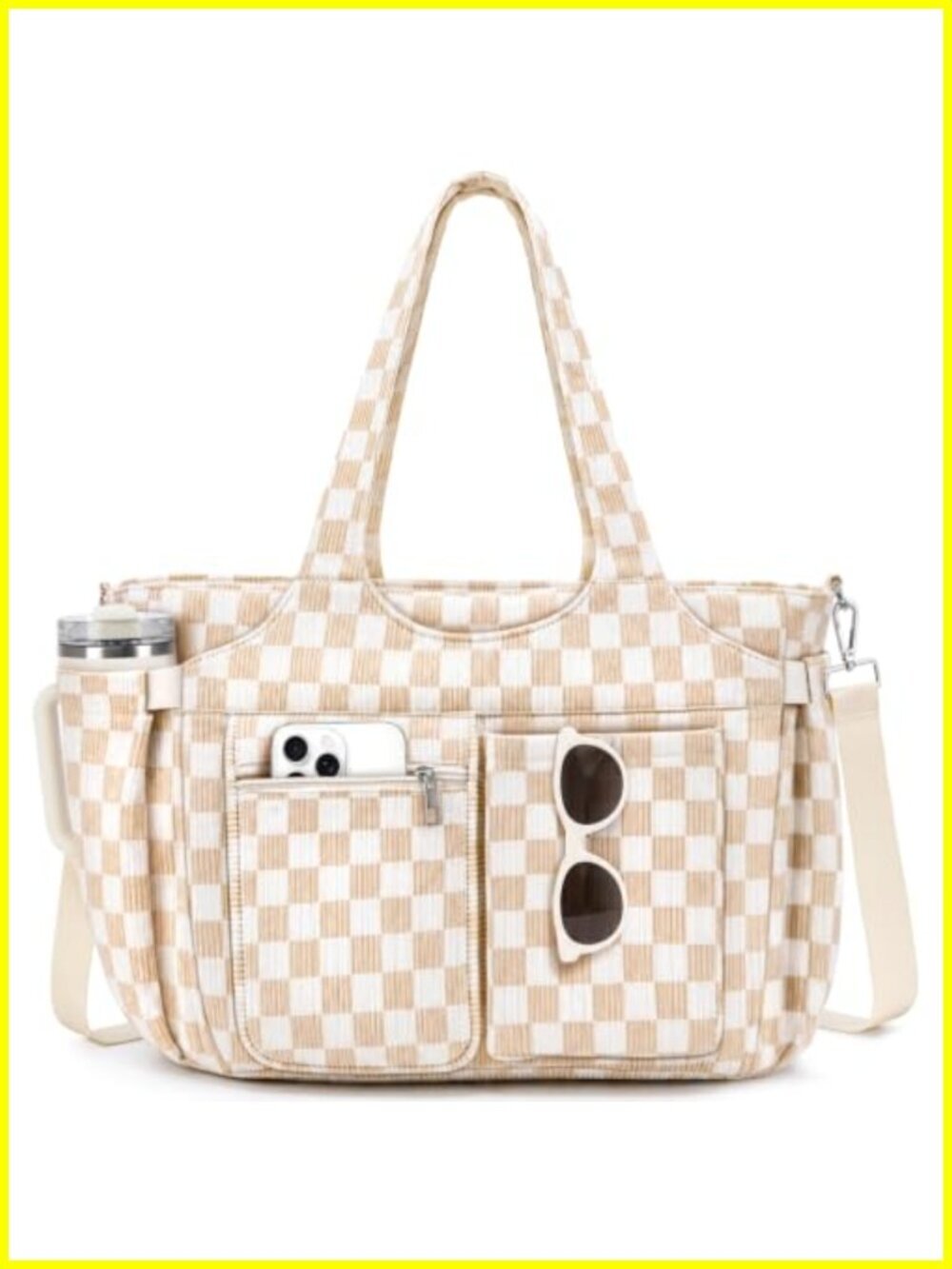 Corduroy Tote Bag with Laptop Compartment and Cup Holder